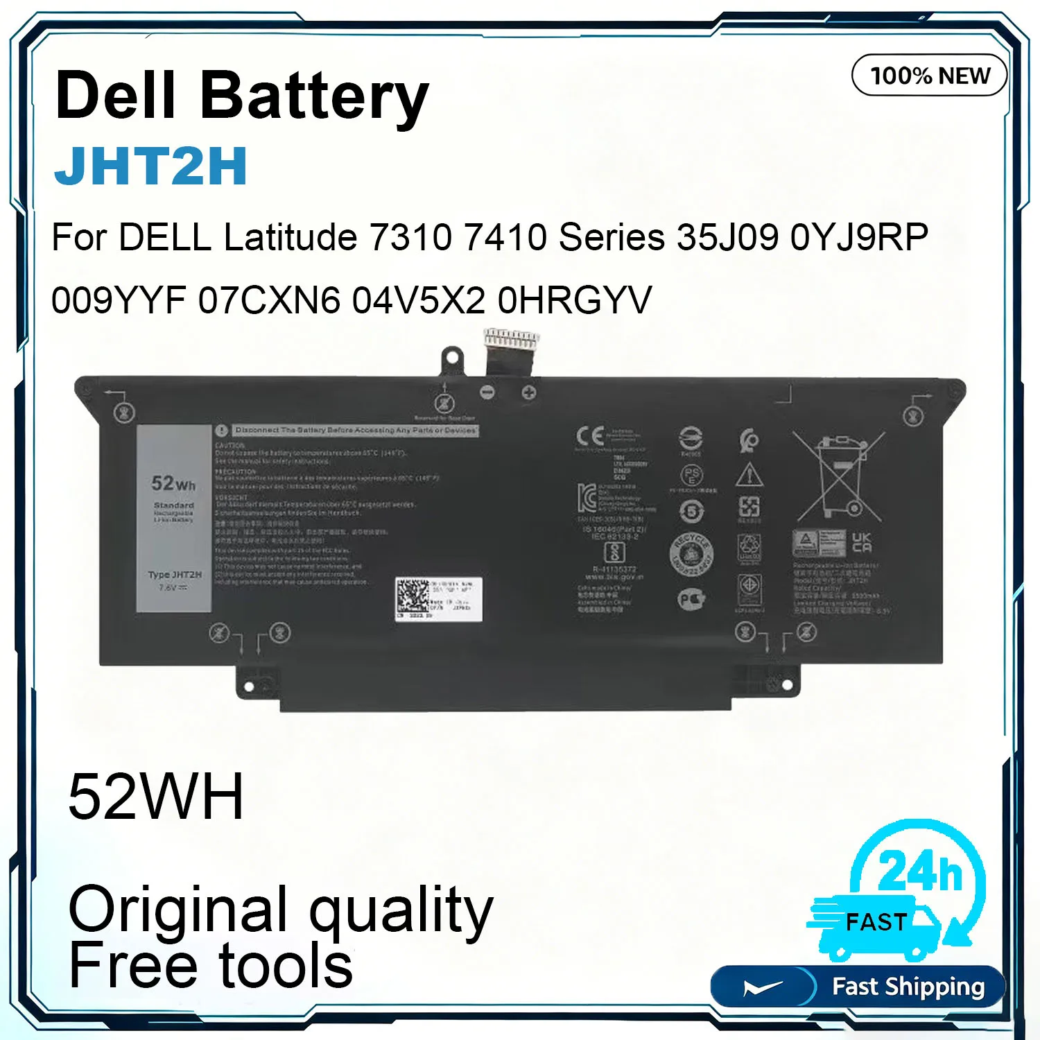 New JHT2H Laptop Battery For Dell Latitude 7380 7390 7480 7490 Series E7480 E7490 0JHT2H DM3WC CN-0JHT20H 35J09 0YJ9RP 52Wh