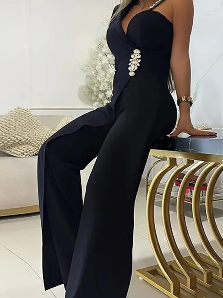 Tuta da donna elegante con strass scintillanti, pagliaccetto lungo solido, tute da ufficio drappeggiate alla moda, tuta da festa sexy a maniche lunghe con una spalla