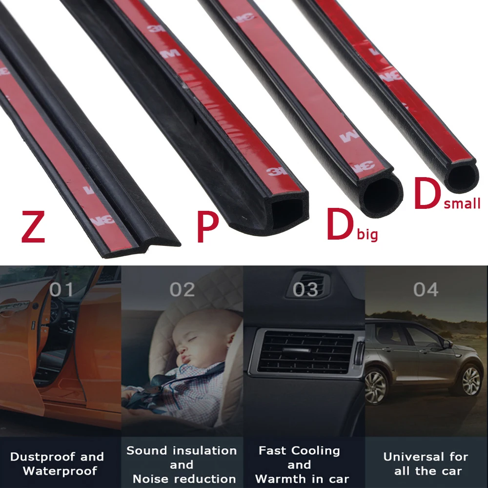 

2 Meters P Z D Shape Type Car Door Seal Strip EPDM Rubber Noise Insulation Anti-Dust Soundproof Car Seal strong 3M adhensive