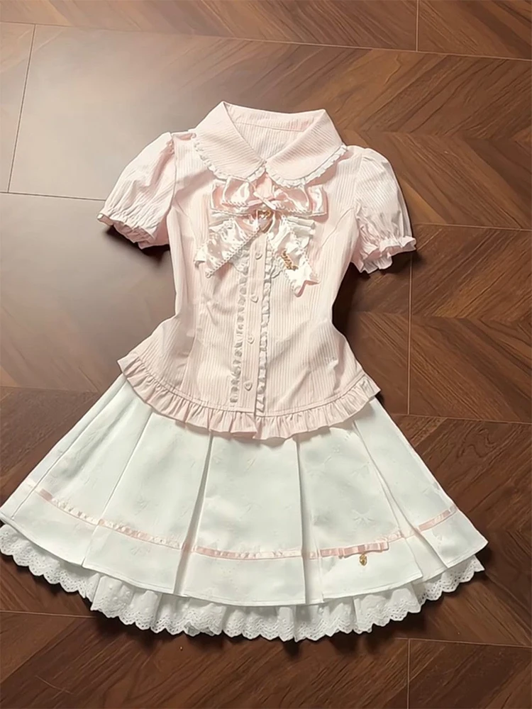 Pink Sweet School Style Waist-Cinching Short Sleeve Shirt And Lace Patchwork  Skirt Set Women's Summer Fashion Ensemble