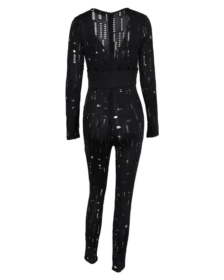 Jumpsuit Dames 2025, Lente Nieuwe Mode Uitgehold Diepe V-hals Lange Mouw Casual Effen Skinny Avondje Uit Lange Jumpsuit