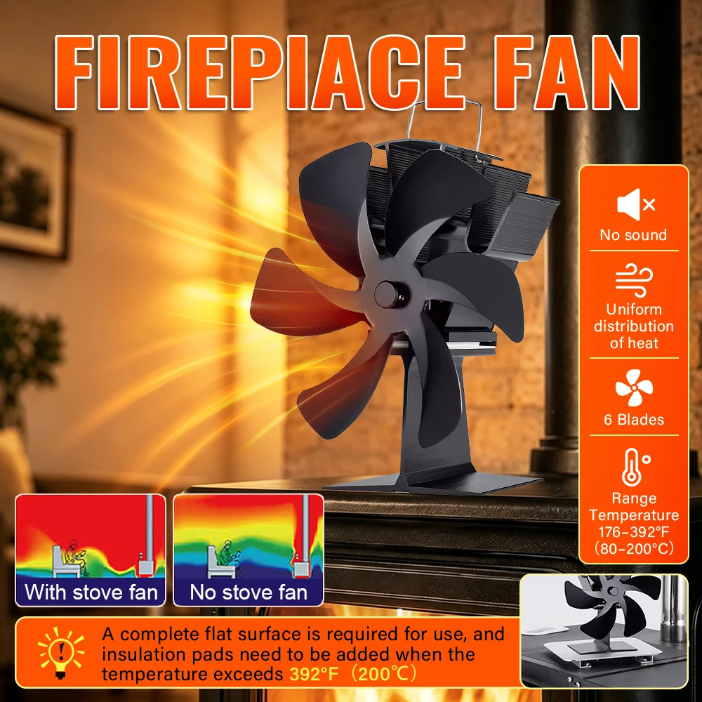 6-flügeliger, wärmebetriebener Ofenventilator, Holzbrenner, Öko-Ventilator, leiser Kaminventilator, Winter-warme Heimheizung, effiziente Wärmeverteilung