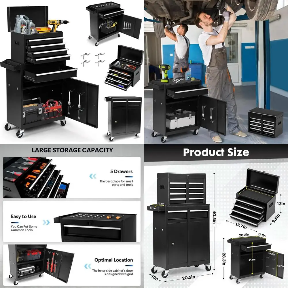Wózek narzędziowy z 5 szufladami - Przenośna szafka do przechowywania narzędzi w garażu z kółkami i szufladami zamykanymi na klucz