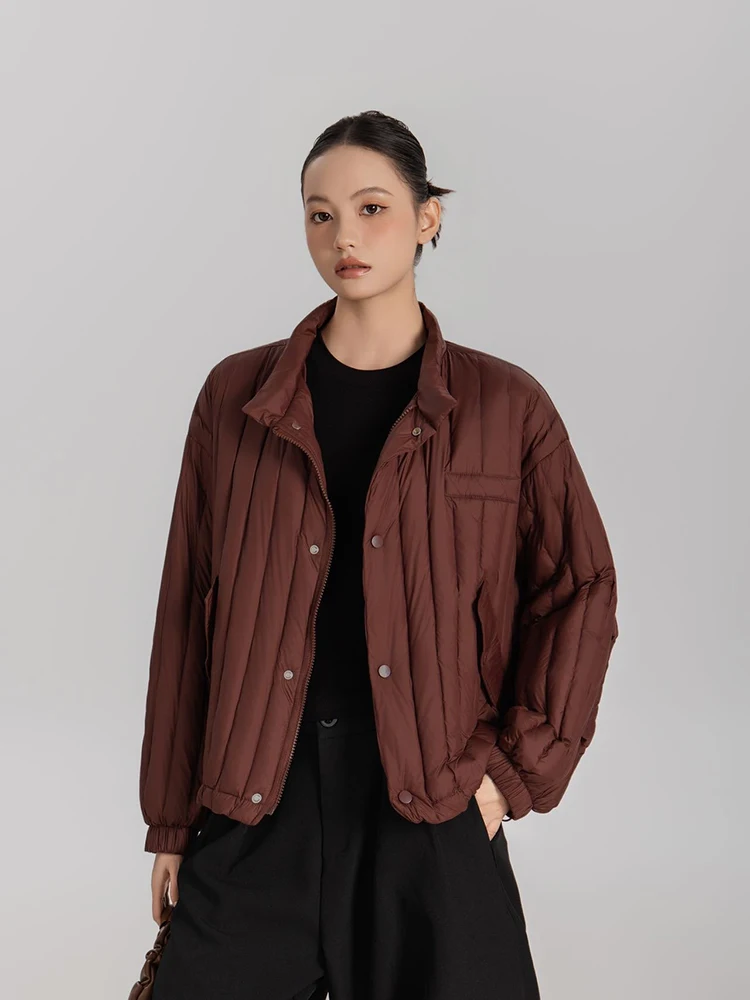 Winter White Duck Down Stand Collar Down Jacket Women Vertical Stripes Vertical Stripes Warm Jacket Female Quilted Parka Outwear