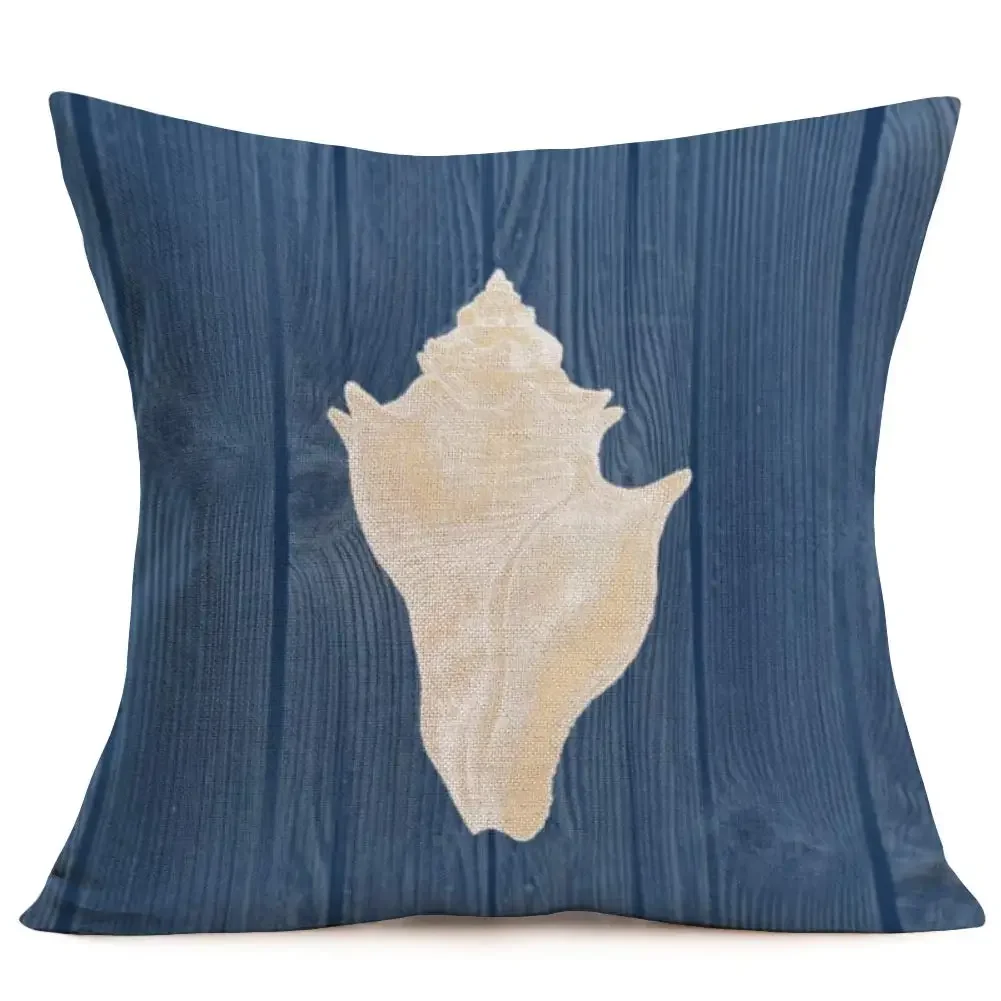 Conch seahorse starfish blue wood grain linen pillowcase sofa cushion cover home decoration can be customized for you 40x40