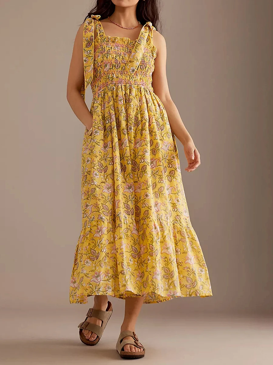 Robe d'été mi-longue à imprimé floral pour femme, tenue fluide smockée, taille haute, dos nu