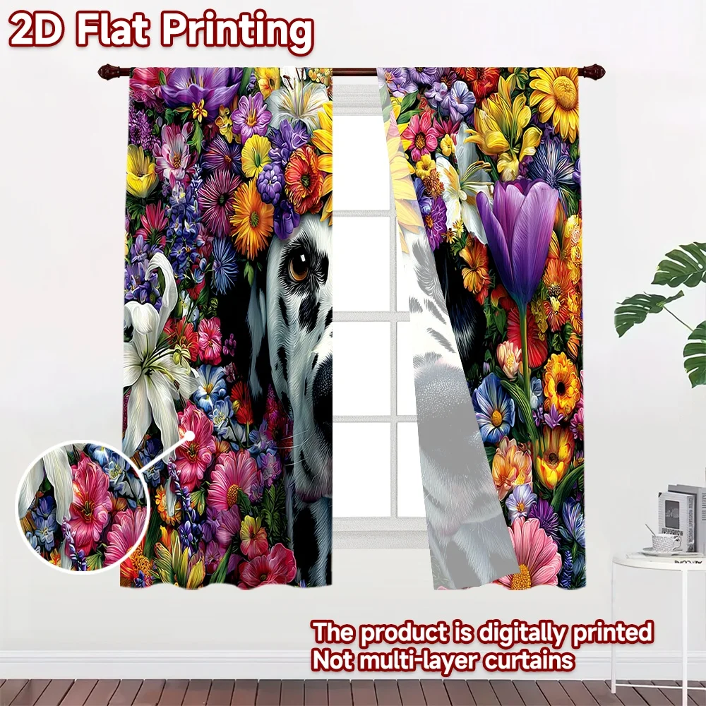 2D flat printing 2pcs Window Curtains Dalmatian Dog Flower Crown Digital Printed Polyester Drapes Family Party Perfect for Room