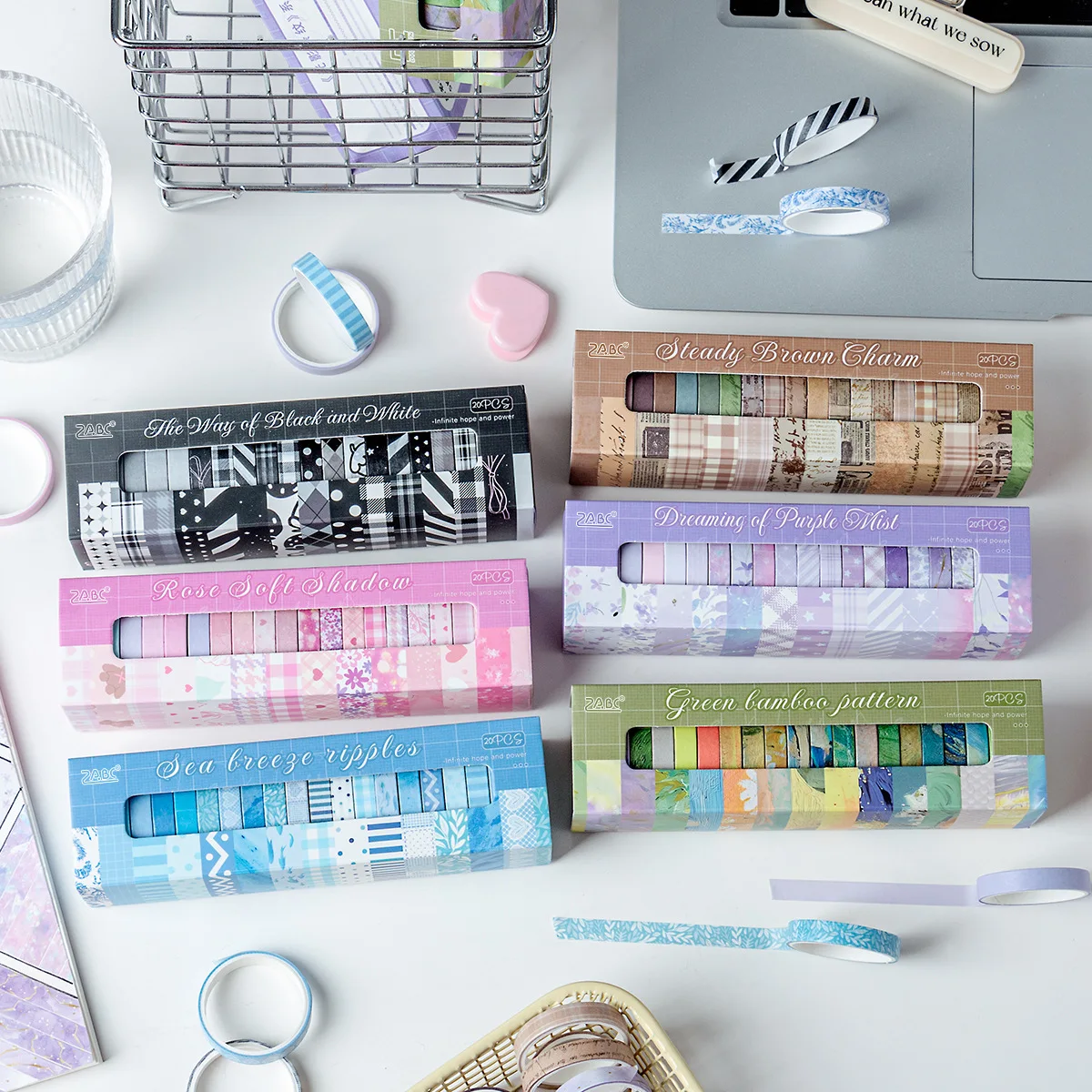 20 Rolls/set Light and Shadow Stripe Series Vintage Pattern Landscape Washi Tape Creative Journal Material Collage Stationery