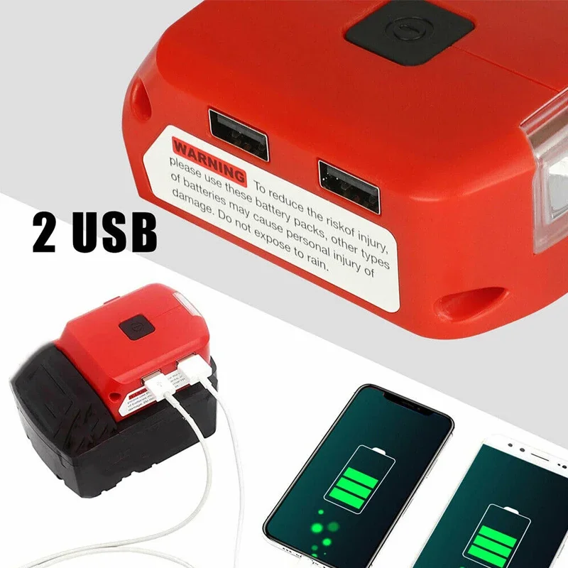 Adaptador de bateria carregador de porta usb dupla para milwaukee 18v fonte de alimentação da bateria dc 12v/2a 3w luz led para jaqueta aquecida