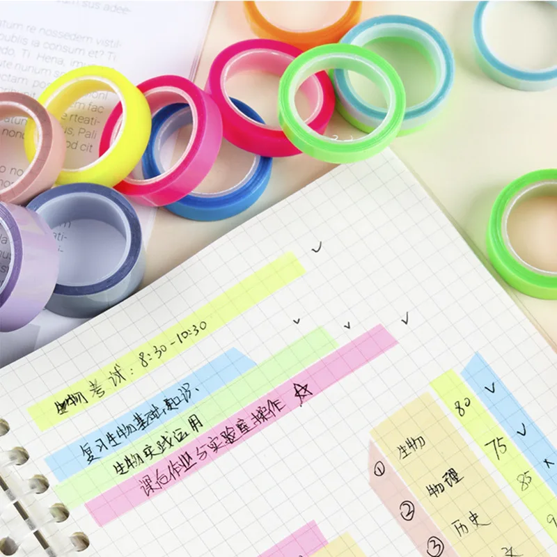 5Rolls Transparent Fluorescent Index Tabs Flags 5 Colors Book Annotation Sticky Note Highlighter Tape School Office Supplies