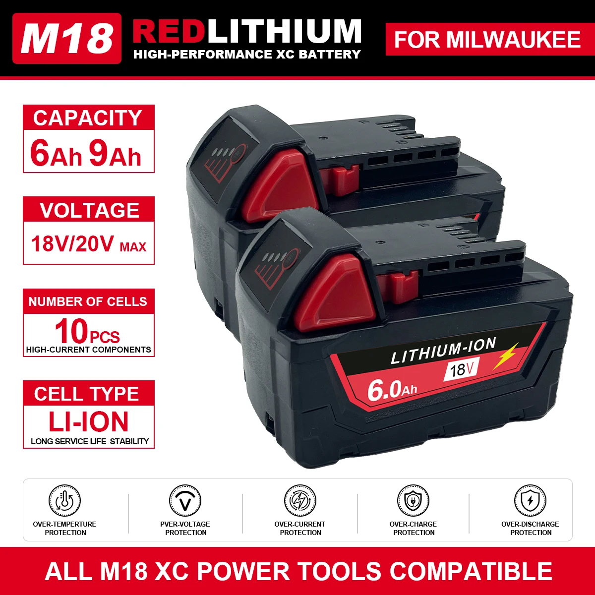 Für Milwaukee M18 48-11-1860 M18B5 18V XC Li-Ionen-Akku-Ladegerät-Set 6,0Ah 9,0Ah 12Ah 18650 Kabelloses Elektrowerkzeug Ersatz-Akkupack