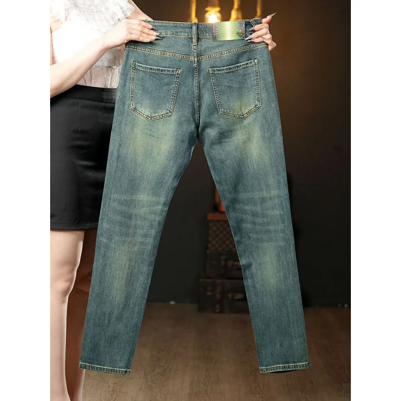 Pantalones vaqueros verdes retro de verano para hombre, pantalones largos de mezclilla versátiles informales, ligeros, de lujo, a la moda, elásticos, ajustados, pies pequeños