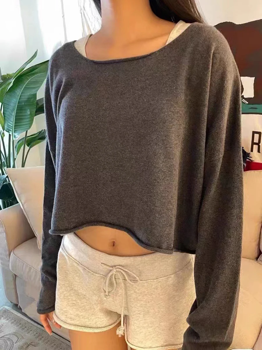 Vintage Solid Raw Trim Loose Sweatshirts Gray Cotton Scoop Neck Autumn Long Sleeve Tops Women Y2k Streetwear Casual Pullovers