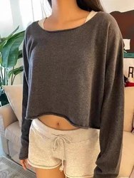 Vintage Solid Raw Trim Loose Sweatshirts Gray Cotton Scoop Neck Autumn Long Sleeve Tops Women Y2k Streetwear Casual Pullovers