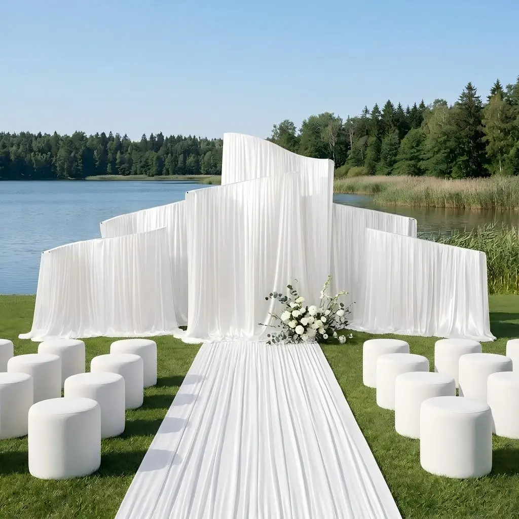 Luxuriöses, verstellbares, wellenförmiges Metall-Hintergrundständer-Set, Hochzeitsbogen-Fotobox-Rahmen, Vorhang-Drapierungs-Requisiten für Outdoor-Partys und Events – Detail 1