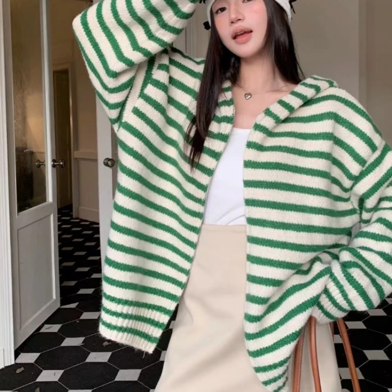 

Women Coats Cardigan Sweaters Striped Hooded Zipper Full Sleeve Jumpers Y2k Streetwear Elegant Knit Open Stith Autumn Winter