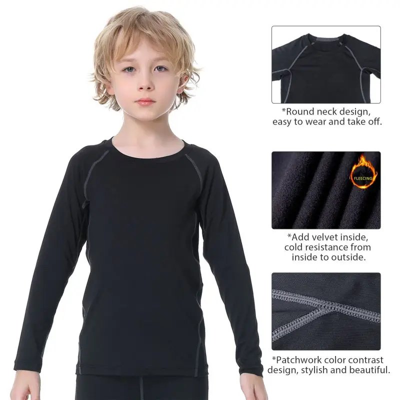 Kids Boys Sports Compression T-shirt Long Sleeved Velvet Sportswear Clothes Children Quick Drying Tight Top Fitness Sweatshirt