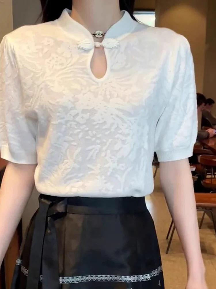 New Chinese Style T-Shirt with Button Short Sleeve Loose Fit Slimming Summer Fashionable Versatile Embroidered Top Korean Style