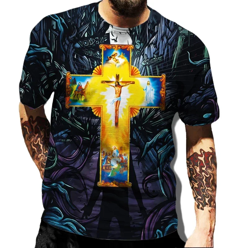 

Summer Streetwear Oversized Vintage T Shirts Men's T-Shirt God Religion Christ Jesus Cross 3D Print Hip Hop Loose Short Sleeve