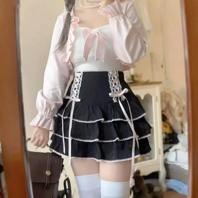 Japanese Kawaii Lolita Style Pleated Skirts Women High Waist Pink Bandage Fairy Y2k Aesthetic Skirt Cute Faldas Mujer Moda 2025