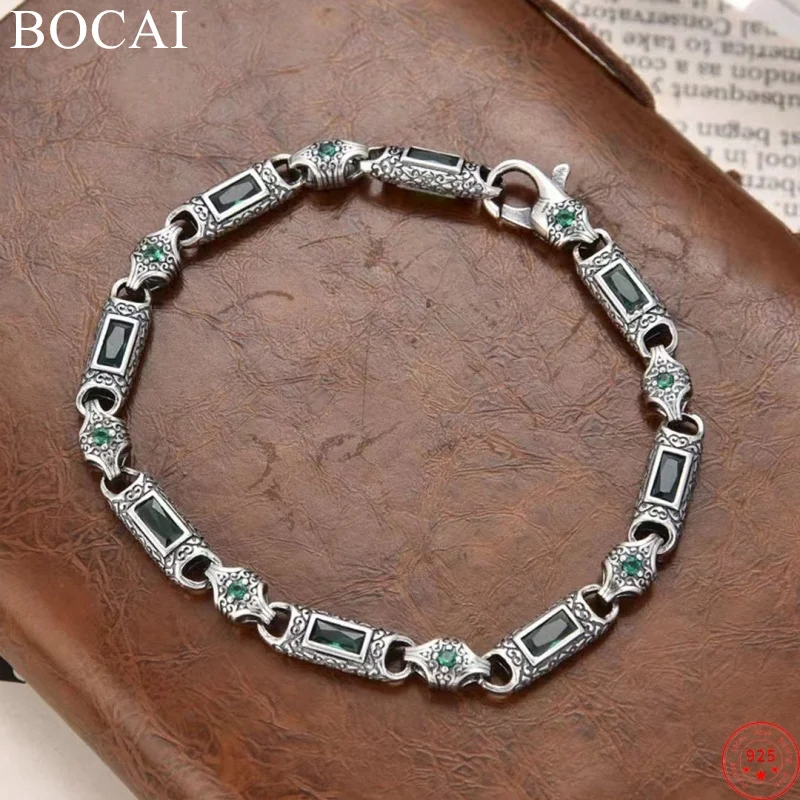 

BOCAI S925 Sterling Silver Barcelets for Women Men New Fashion Eternal Rattan Totem Inlaid Zircon Bamboo-chain Free Shipping