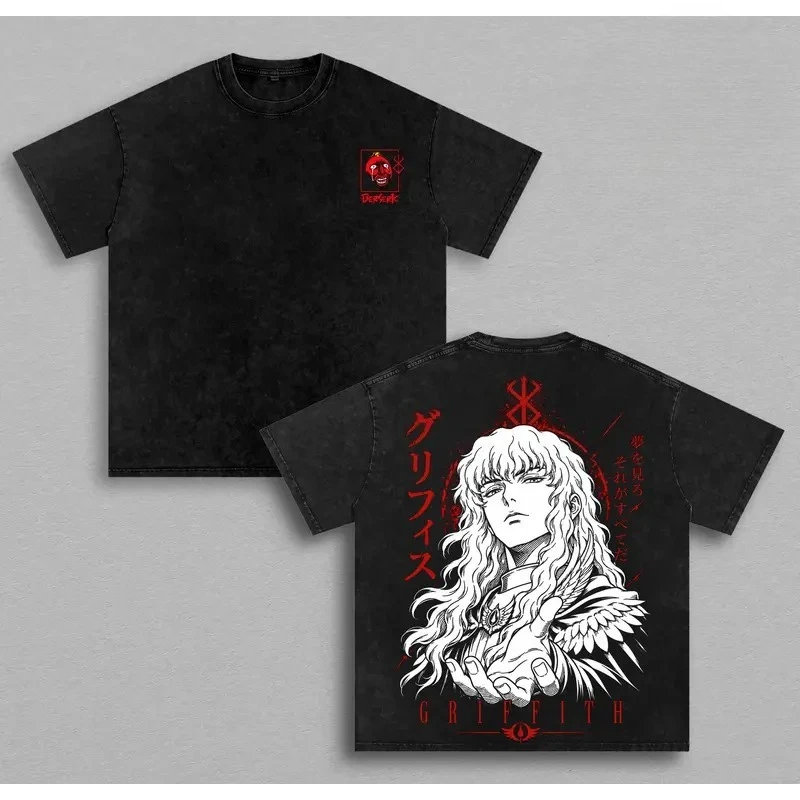 Manga Berserk Griffith Retro T Shirt Vintage Washed T-shirt Men Women Clothing Street Fashion Oversized 100% Cotton Tees Clothes