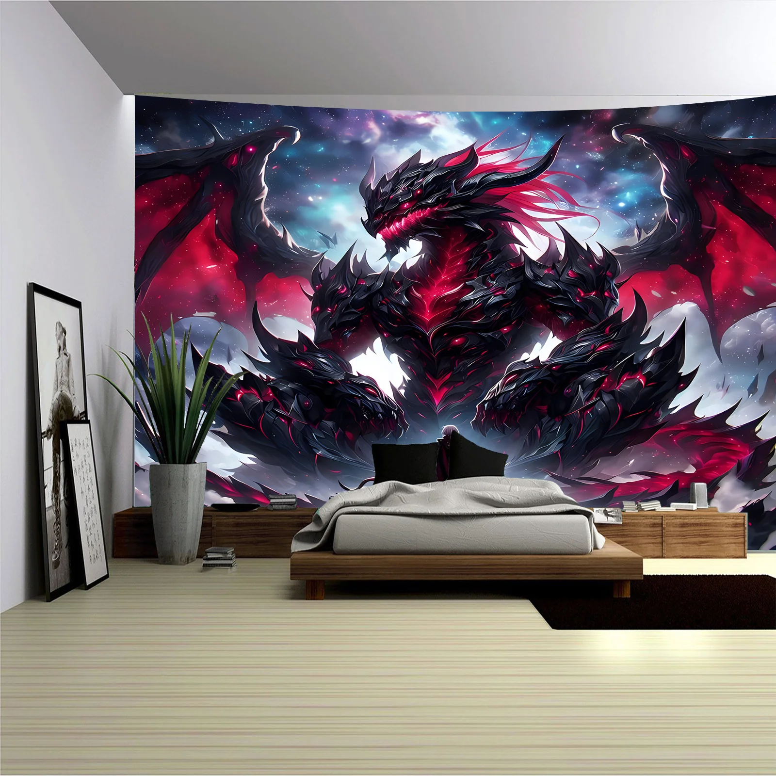 Dark Dragon Tapestry, Mythical Beast with Red Glow in Cosmic Sky, Fantasy Wall Hanging for Bedroom Living Room Decor