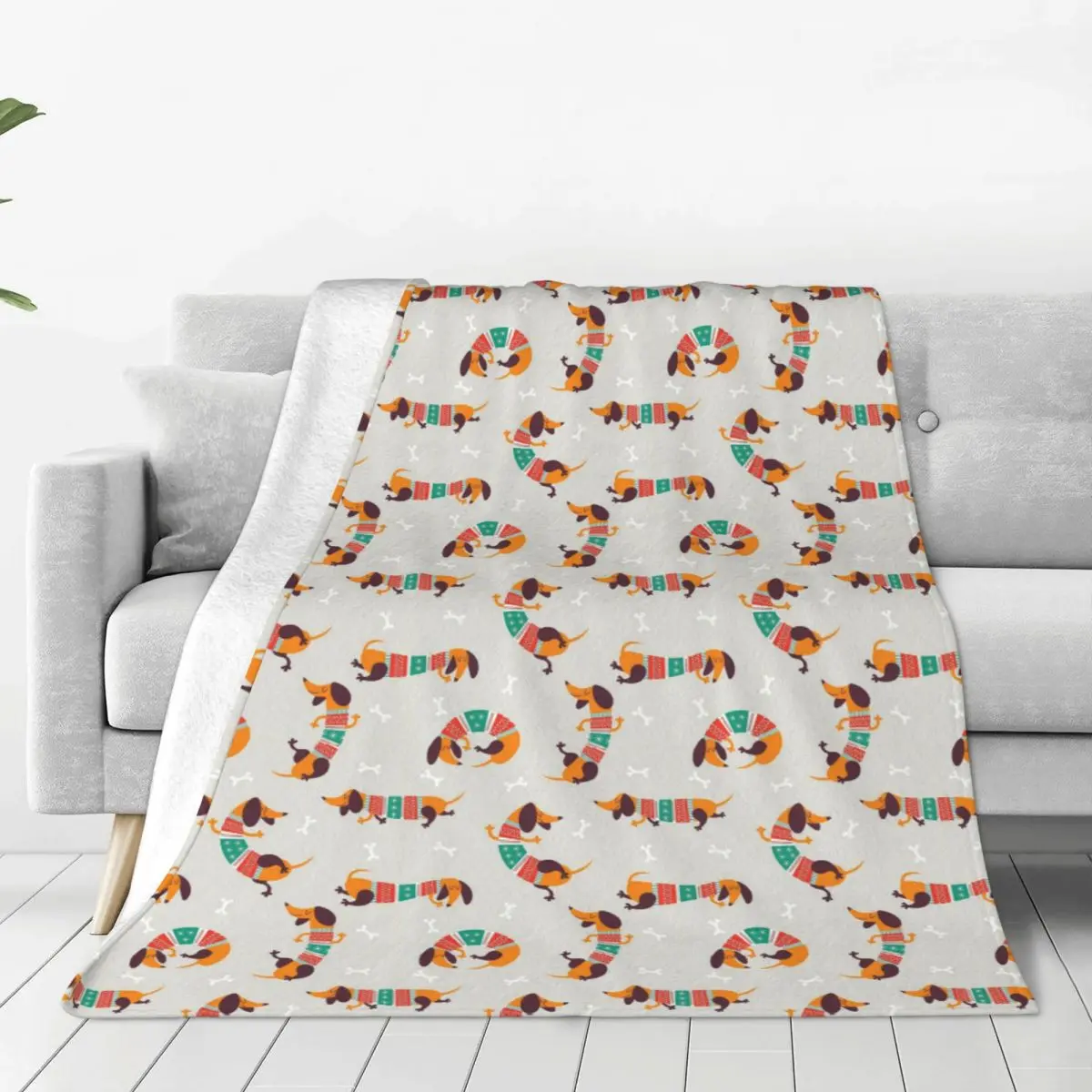 Custom Dachshund Cream Pattern Sausage Dog Blankets Breathable Soft Flannel Autumn Throw Blanket for Couch Outdoor Bedding