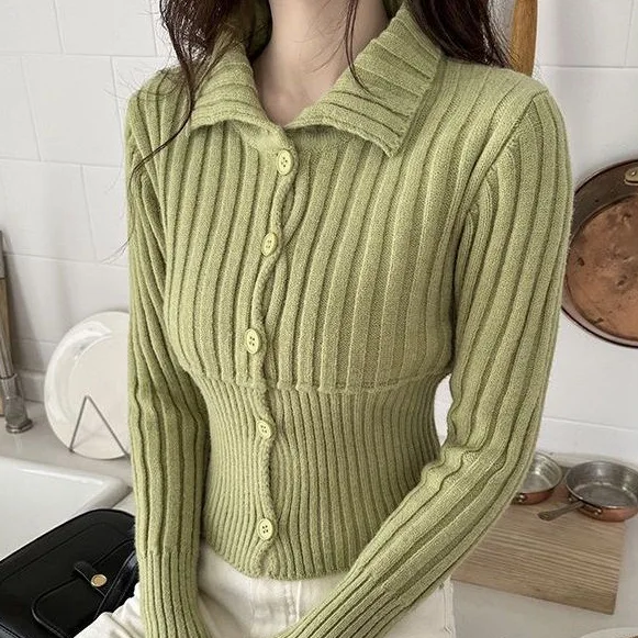 Sweater base shirt polo lapel knitted Cardigan Ladies Fall 2024 new style blouse slim look long sleeves