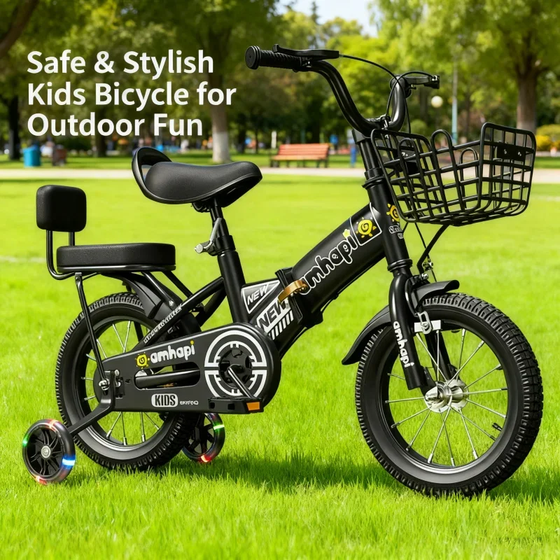 

Black Children's Folding Bicycle with Shiny Wheels Backrest Style Toy Car Stroller Pedal Bike for 2-8 Year Old Baby