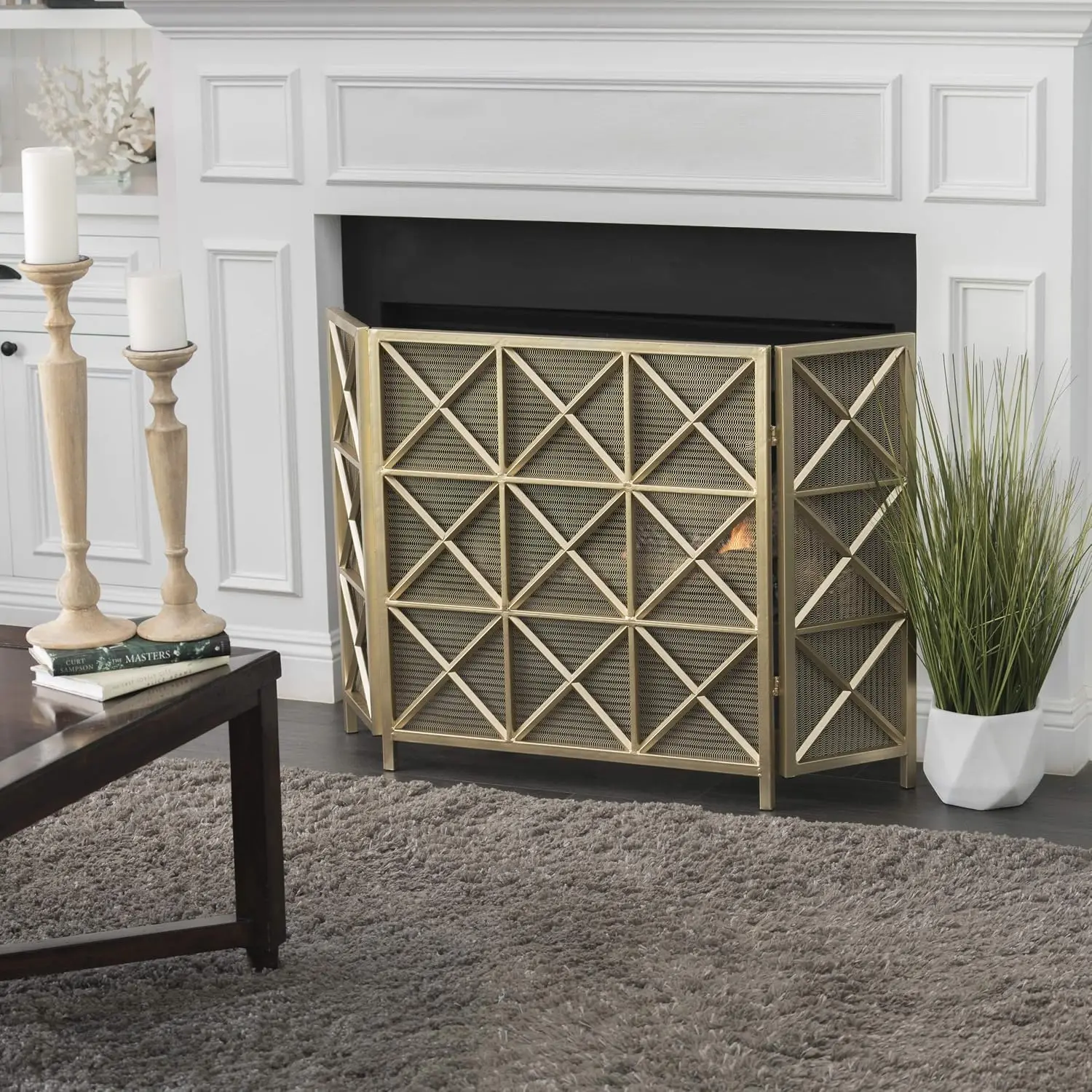 Margaret 3 Panelled Iron Fireplace Screen, Gold
