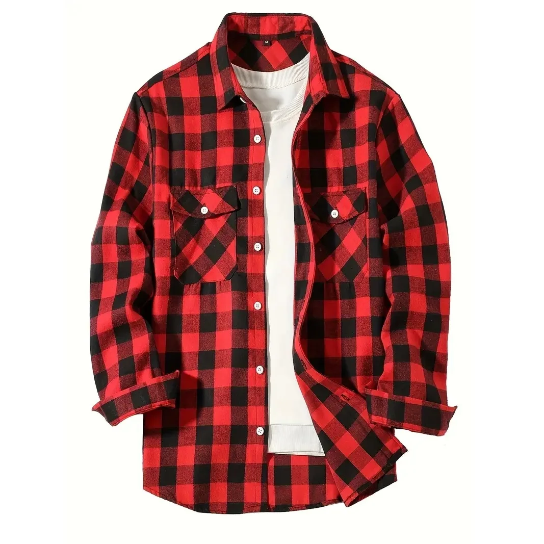 Men\'s Shirts Chest Two Pockets Button-Up Classic Plaid Smart Casual Flannel Shirt Long Sleeved Design Spring Autumn Men Tops