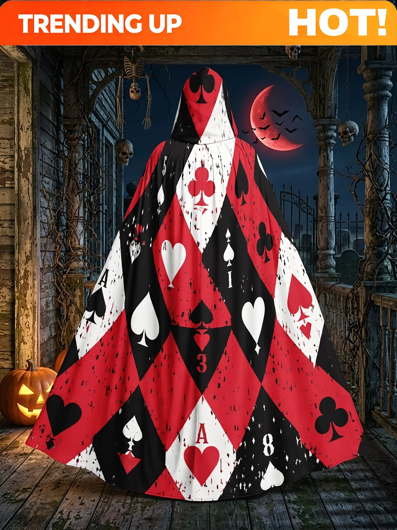 Customization 1pc Adult Witch Robe Hooded Cape With Red & Black Poker Card Diamond Design Hooded Costume Cape, Machine Washable