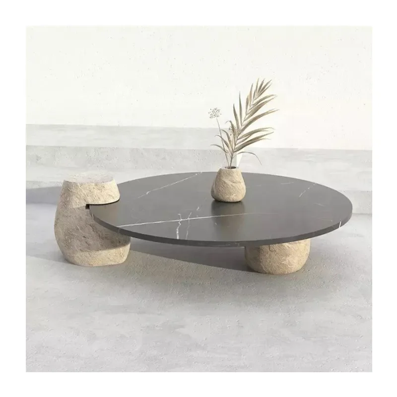 

Customized Modern Design Black Nero Marquina Marble Table Top Outdoor Big Round River Stone Garden Marble Coffee Table