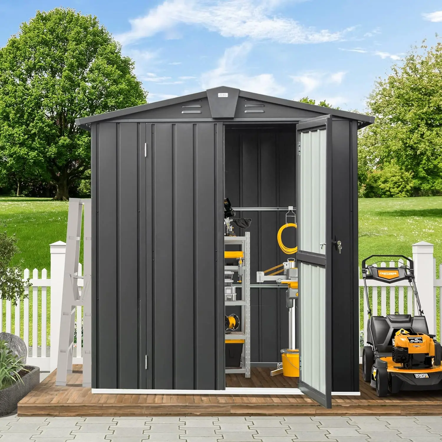 

Садовый сарай для хранения на открытом воздухе 5.7'x 3', металлический, для велосипедов, мусорных баков, инструментов, газонокосилок, игрушек для бассейна, на заказ