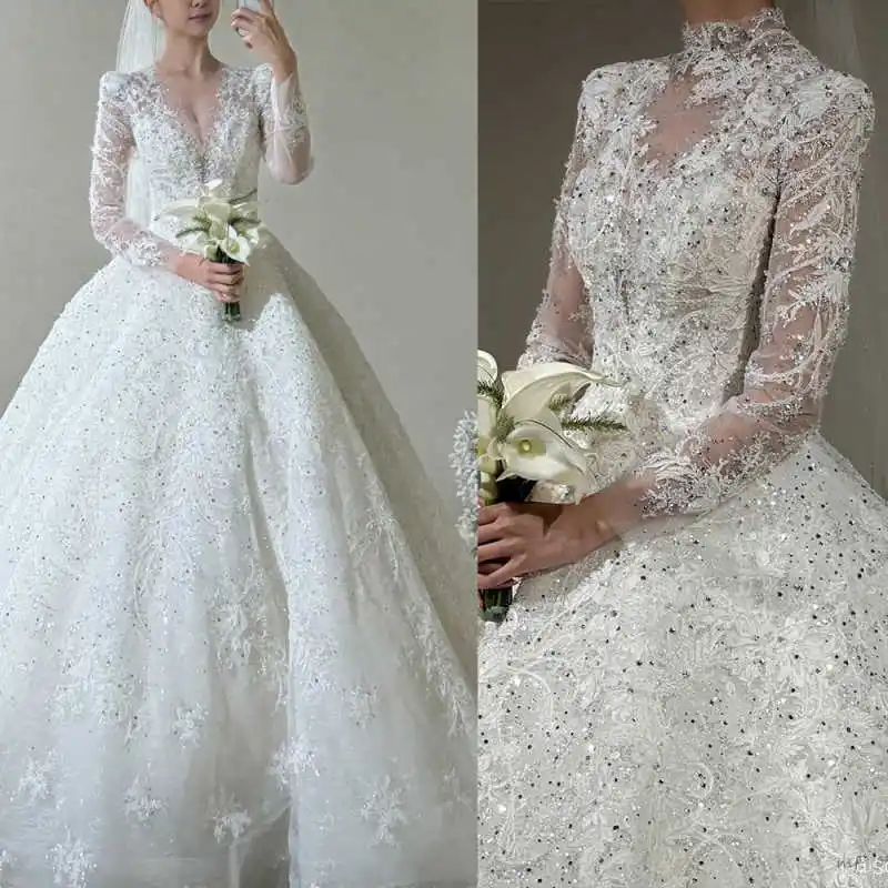 

Exquisite Wedding Dresses Long Sleeve Beaded Crystal Sequins Ball Gown Bride Gown Sweep Train Customized Vestido De Novia