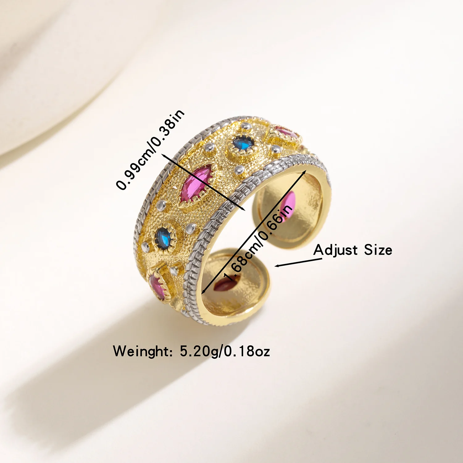 Nidin Luxury Medieval Textured Wide Band Ring Multicolor Zircon Open Adjustable Women Vintage Cocktail Party Finger Jewelry Gift