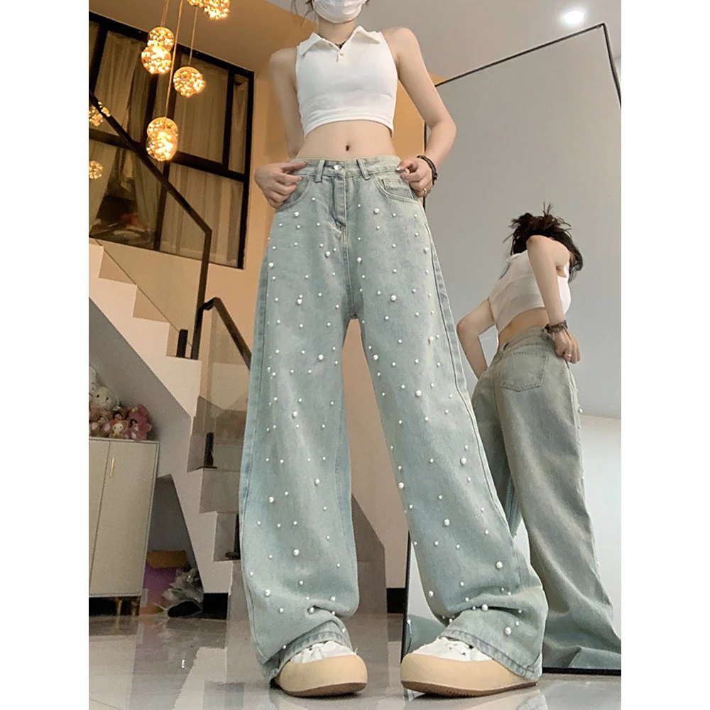 Women Pearl Jeans Fashion Beading Light Blue Trousers Streetwear Female High Waist Straight Loose Wide Leg Denim Pants