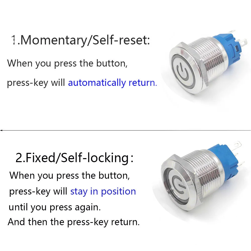 Momentary Push Button Waterproof Switch 19mm PC Power LED Light Latching 3v 5v 6v 12v 24v 110v 220v Red Blue Green Yellow White