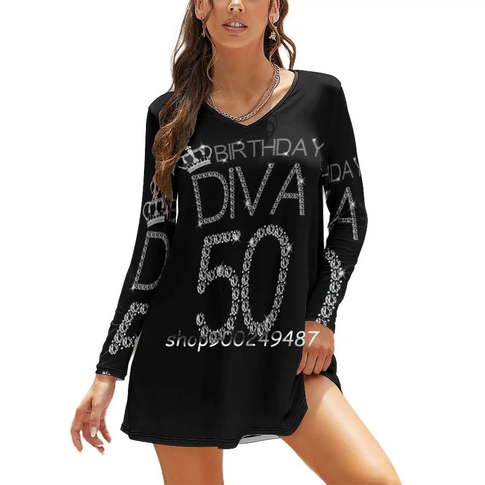 Birthday Diva T Shirt 50 Years Old 1968 Diamonds Crown Gift Sweetheart Knot Flared Dress Fashion Design Large Size Loose Dress