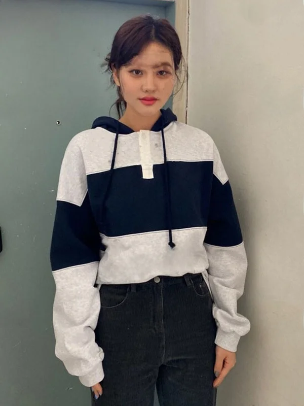 Loose Women's Hoodie Vintage Wen Black White Spliced Korean Style Autumn Winter Commute Wind Regular Length Long Sleeve