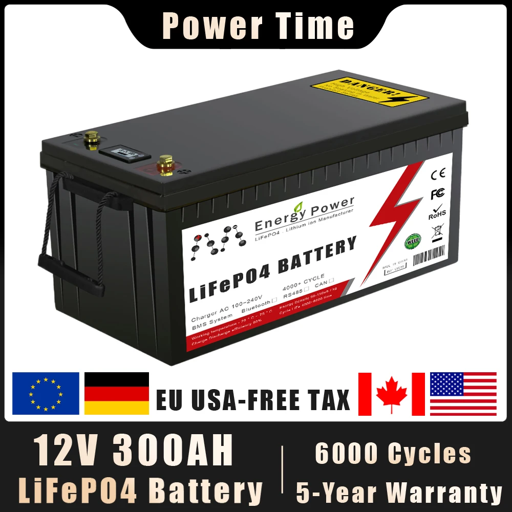 

12 В LiFePO4 Аккумулятор 200 Ач 300 Ач Встроенный BMS 6000+ циклов Литий-железо-фосфатный аккумулятор для гольф-кара на колесах Солнечное хранилище Открытый кемпинг
