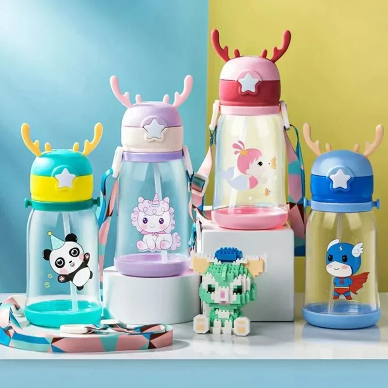 600ml Antler Sippy Cup Kawaii Water Bottle with Straw Portable Kids Leakproof Jug Outdoor Sports Bottles Children's Drinkware