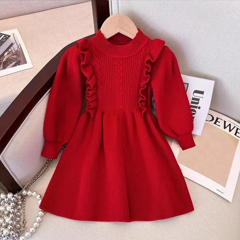 

Стильное утолщенное вязаное платье принцессы для маленьких девочек, весна-осень 2022, новый стиль, красное