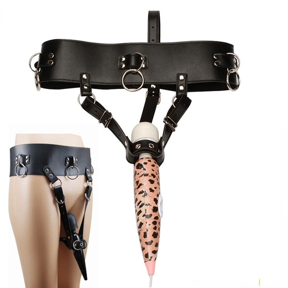 Magic Wand Vibrator Leather Forced Orgasm Belt Female Chastity Harness Strap BDSM Bondage Female Masturbator Sex Toys for Women