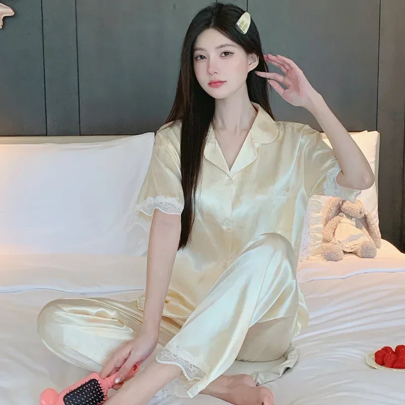 Damen-Loungewear Homewear 2-teiliges Set Frauen Sommer Einfarbiger Französischer Stil Pyjamas Mädchen Kurzarmhosen Eleganter Casual-Pyjama