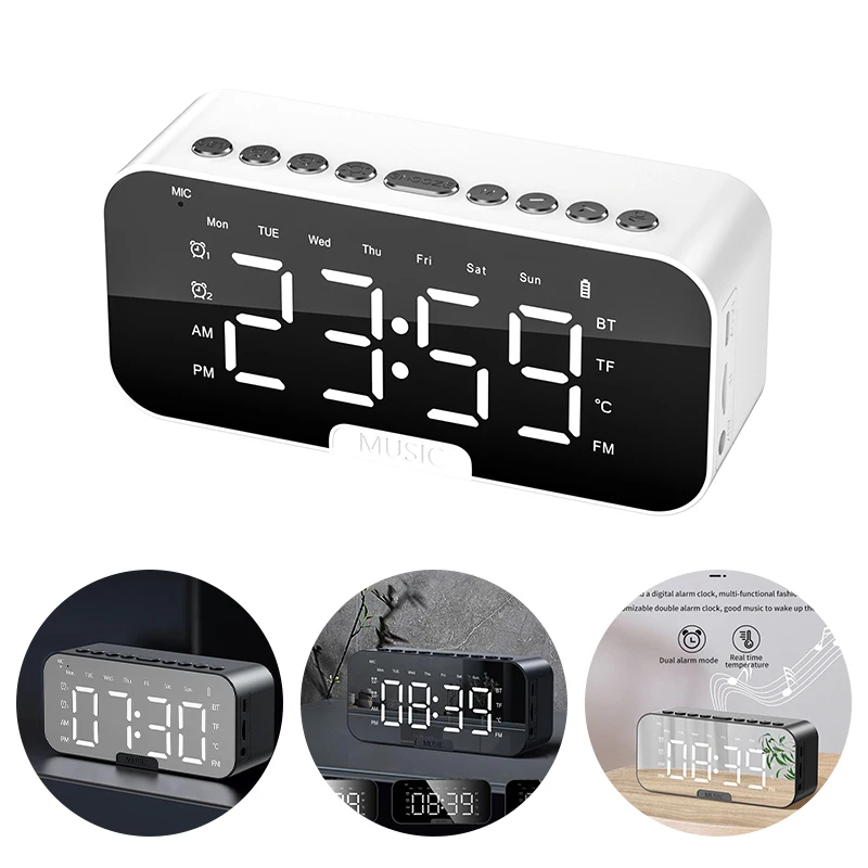 

Led Digital Alarm Clock With Large Mirror Screen Office Bedside Table Clocks Bluetooth Speaker FM Radio Phone Holder Temperature