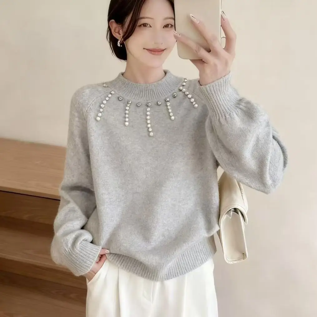 

New Knitwear Top Ladies High-quality Sweater Women Coat Loose 2025 Autumn Winter Beaded Velvet Bottoming Korean Pullover Jacket