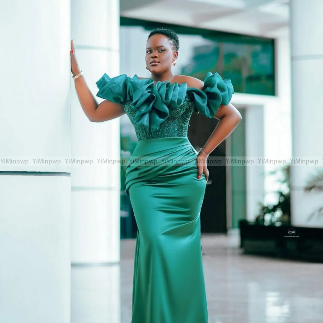 

Satin Pleat Mermaid Evening Dress Sexy Off The Shoulder Elegant Party Dress Black Woman Beading Robe De Soirée Customized