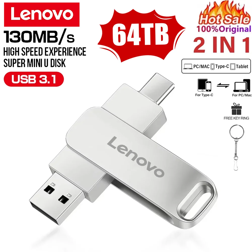 Lenovo 64TB USB 3.0 Flash Drive U Disk Type-C Interface High Speed Transfer 16TB 8TB Large Capacity Metal Pendrive Memoria Stick